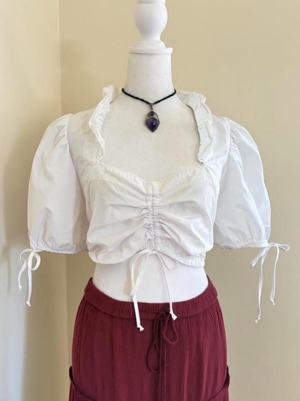 Vintage milkmaid ruffle lace dirndl blouse puff sleeve European German white XXL